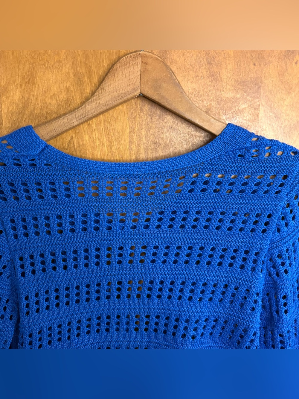Blue Cropped Open Knit Crochet Tie Front Flyaway Cardigan Sweater Bell Sleeve - Picture 4 of 7